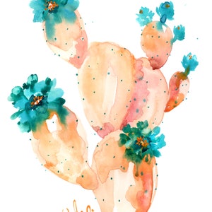 Coral Prickly Pear Cactus Blue Flowers Botanical Watercolor Art Print 5x7