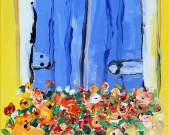 Pode incluir: Uma pintura de uma janela azul com uma moldura amarela e uma caixa de flores cheia de flores vermelhas, laranja e amarelas.