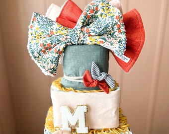 Floral Diaper Cake Baby Girl 3-tier Square Diaper Cake or Shower Centerpiece-GARDEN-FREE SHIPPING