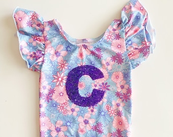 Body personalizzato con iniziale, body da ballo, body da ginnastica, body personalizzato, body con maniche a palloncino viola, body personalizzato, danza per bambini