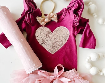 pink Tutu ruffle bloomer and fuchsia sequin flutter sleeve bodysuit for baby girl, heart onesie, valentines baby outfit