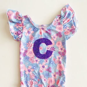 Custom Initial leotard-dance leotard-gymnastics leotard-custom leotard-purple flutter sleeve leotard-personalized bodysuit-toddler dance