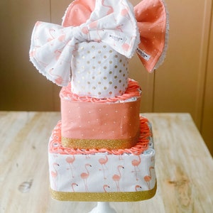 Flamingo Baby Girl 3-tier Square Diaper Cake or Shower Centerpiece no varsity letter