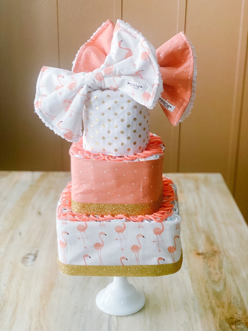 Flamingo Baby Girl 3-tier Square Diaper Cake or Shower Centerpiece no varsity letter