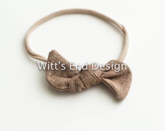 One Size Fits All- Top Knot Elastic Headband/Bow Collection- Nutmeg on nylon or metal clip