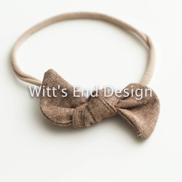 One Size Fits All- Top Knot Elastic Headband/Bow Collection- Nutmeg on nylon or metal clip