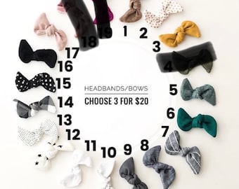 CHOOSE YOUR OWN 3 Adjustable Top Knot Nylon Headbands or Bows on Metal Clips
