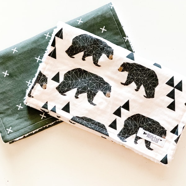 Bears Burp cloths Set of 2. Olive burp cloths. Woodland burp cloths-Modern Cotton Chenille Burp Cloths- OLIVE BEARS