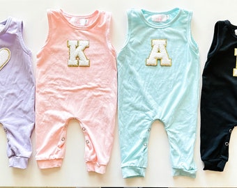 Personalized one-piece-baby romper- pink, purple, blue or black initial tank- gender neutral romper-baby announcement-gender reveal bodysuit