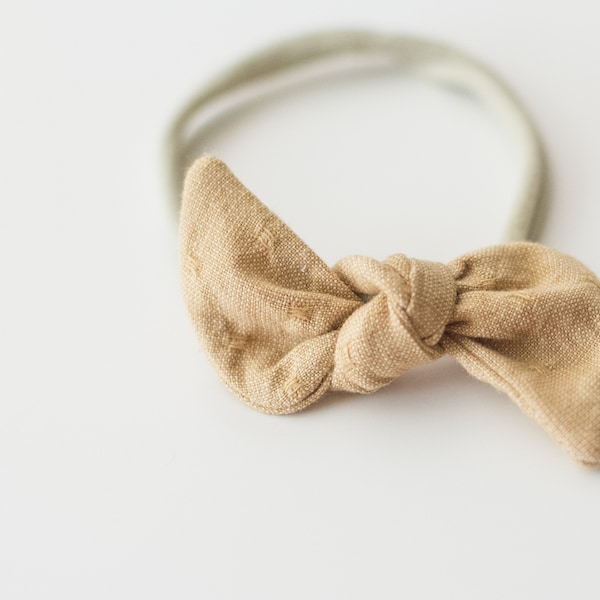 Sand  headband or clip -One Size Fits All- Top Knot Elastic Headband/Bow Collection- textured BUTTER  on nylon or metal clip