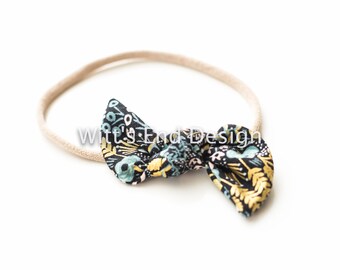 Floral Top Knot Headband - Linen Cotton Bow on Nylon or Clip