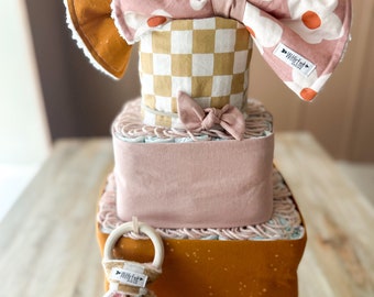 Retro Check Flower  Diaper Cake Baby Girl 3-tier Square Diaper Cake or Shower Centerpiece-RETRO-FREE SHIPPING