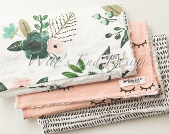Floral Burp Cloth Set of 3. Modern Cotton Chenille Burp Cloths. Eyelash burp cloth. Sleepy Eyes burp cloth. Dash burp cloth -WINK