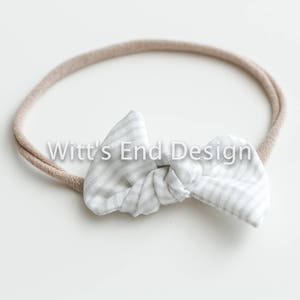 One Size Fits All- Top Knot Elastic Headband/Bow Collection- Gray Mini Stripe on nylon or metal clip