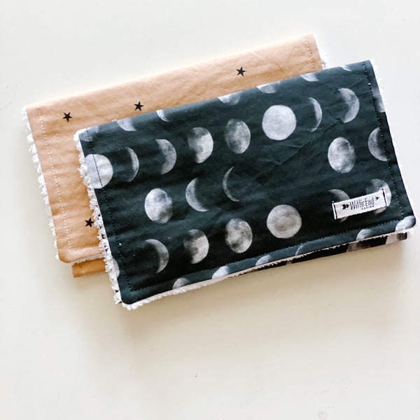 Moon Phases burp cloth-  moon and Stars Cotton Chenille Burp Cloths-Set of 2a black and copper moon and stars. Moon Phases