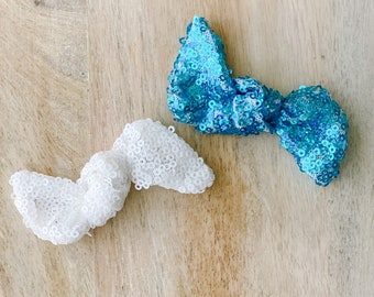 Blue sequin or white sequin bow or headband- One Size Fits All- Top Knot Bow Collection-nylon or metal clip