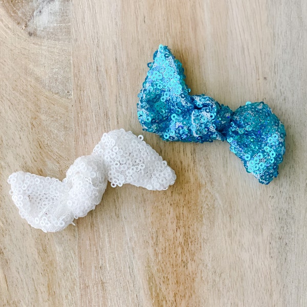 Blue sequin or white sequin bow or headband- One Size Fits All- Top Knot Bow Collection-nylon or metal clip