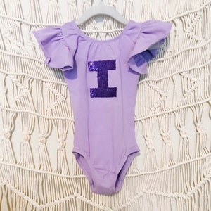Custom Initial leotard-dance leotard-gymnastics leotard-custom leotard-purple flutter sleeve leotard-personalized bodysuit-toddler dance