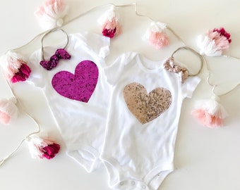 Sequin heart Onesie/Bodysuit-Blush Pink or fuchsia with matching sequin nylon headband