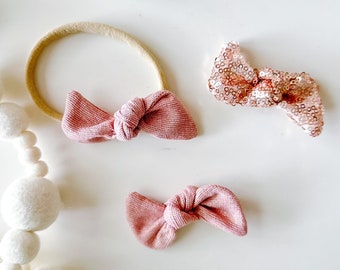 pink bow or headband collection-One Size Fits All- Top Knot Elastic Headband/Bow Collection-pink velvet, hot pink velvet on nylon or metal