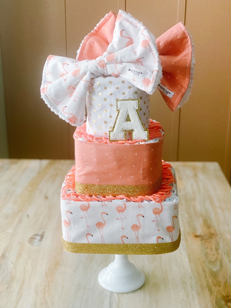 Flamingo Baby Girl 3-tier Square Diaper Cake or Shower Centerpiece image 5