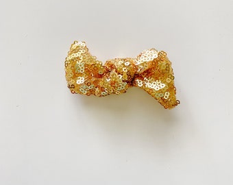 Gold One Size Fits All- Top Knot Elastic Headband/Bow Collection-Gold Sequin on nylon or metal clip