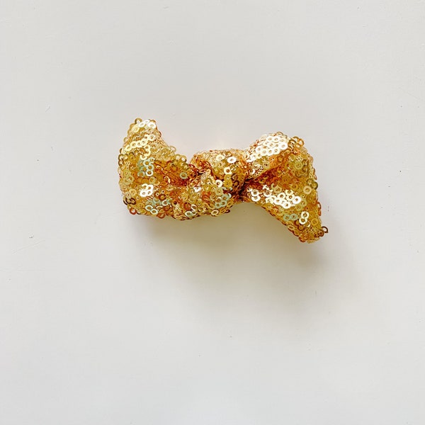 Gold One Size Fits All- Top Knot Elastic Headband/Bow Collection-Gold Sequin on nylon or metal clip