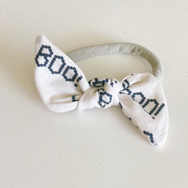 BOO headband-One Size Fits All- Top Knot nylon Headband/Bow Collection-Black and Cream BOO on nylon or metal clip