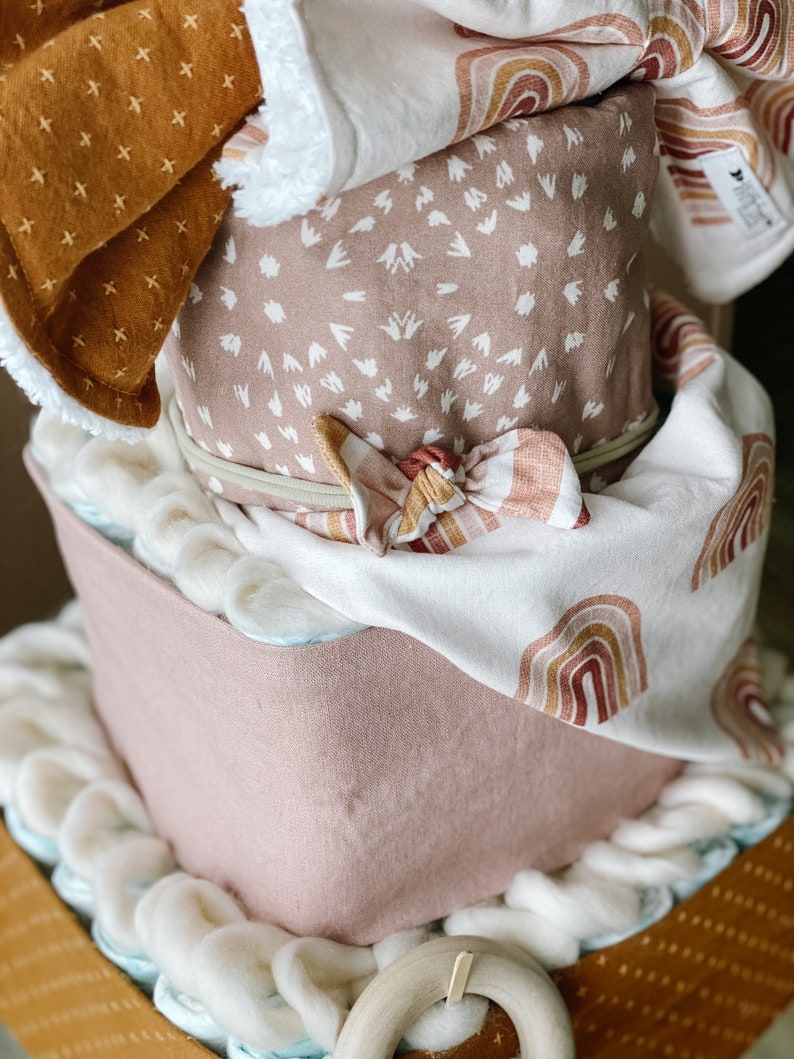 Boho Rainbow Diaper Cake Baby Girl 3-tier Square Diaper Cake or Shower Centerpiece-RAINBOW-FREE SHIPPING image 4