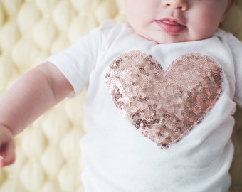 CUSTOM Baby Girl HEART or INITIAL applique Bodysuit-Blush Pink Sequin Bodysuit