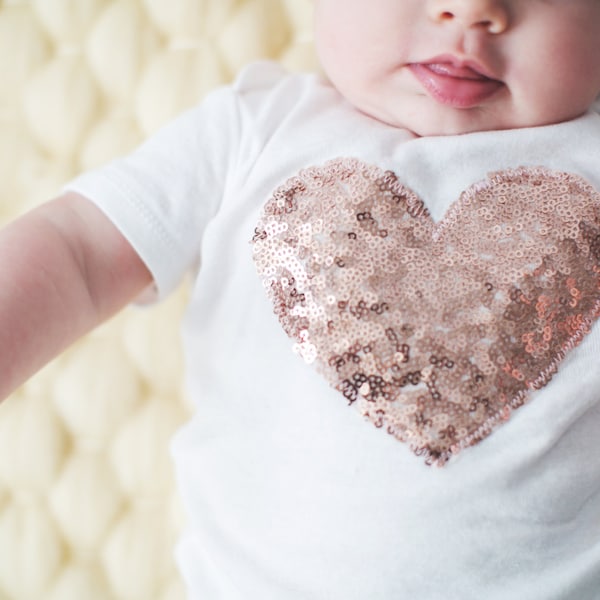 CUSTOM Baby Girl HEART or INITIAL applique Bodysuit-Blush Pink Sequin Bodysuit
