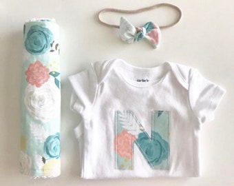 CUSTOM Baby Girl INITIAL or HEART Applique Onesie, Headband, Chenille Burp Cloths Set: Blooms-Baby Shower Gift-Newborn Photos-Floral