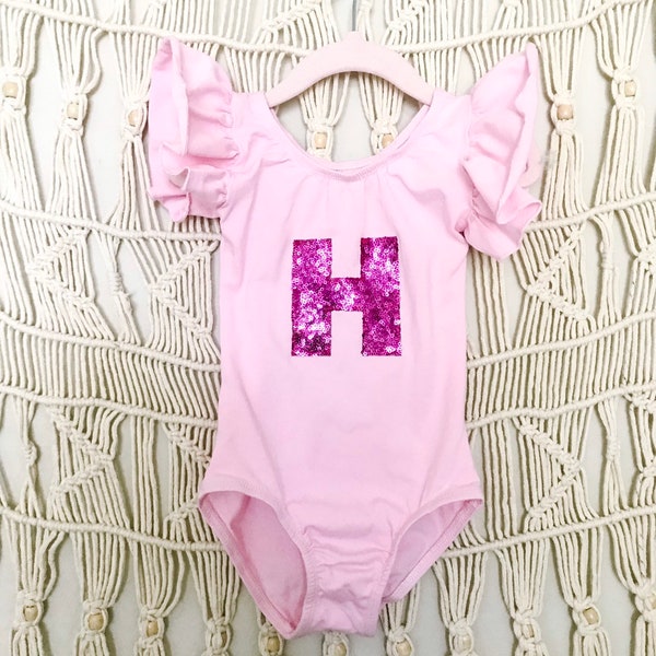 Custom Initial leotard-dance leotard-gymnastics leotard-custom leotard-pink flutter sleeve leotard-personalized bodysuit-toddler dance