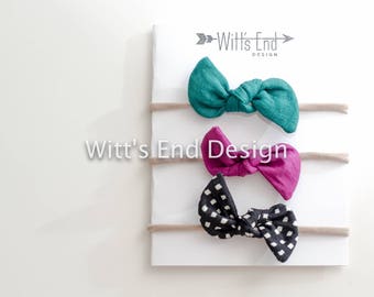 One Size Fits All- Top Knot Headband/Bow Collection- Set of 3 Jewel Tones on nylon or metal clip