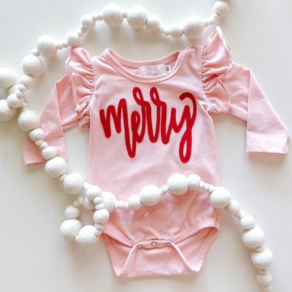 MERRY flutter sleeve bodysuit for baby girl, merry onesie, pink Christmas onesie, christmas baby outfit, Holiday baby, sibling pictures