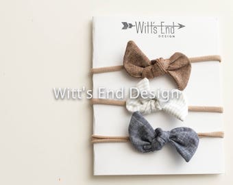 One Size Fits All- Top Knot Headband/Bow Collection- Set of 3 Neutrals on nylon or metal clip