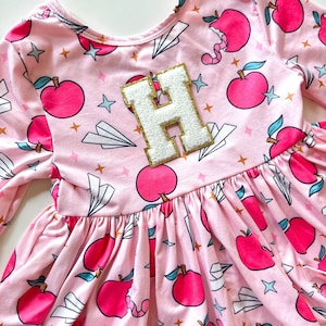 Back to School Pink Apples Varsity Letter dress- personalized pocket dress- toddler dress- personalized apples dress