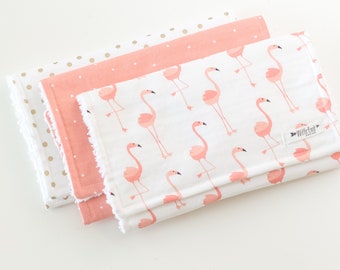 Flamingo Burp Cloth Set of 3. Modern Cotton Chenille Burp Cloths- Coral burp cloth, Gold Dots burp cloth, Pink Flamingos burp cloth