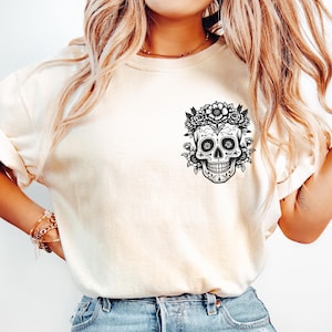 Camisa Día de los Muertos Comfort Colors, Camisa Calavera Floral, Camisa Halloween Otoño, Camisa Día de Muertos, Camisa Esqueleto Latina, Camiseta Calavera