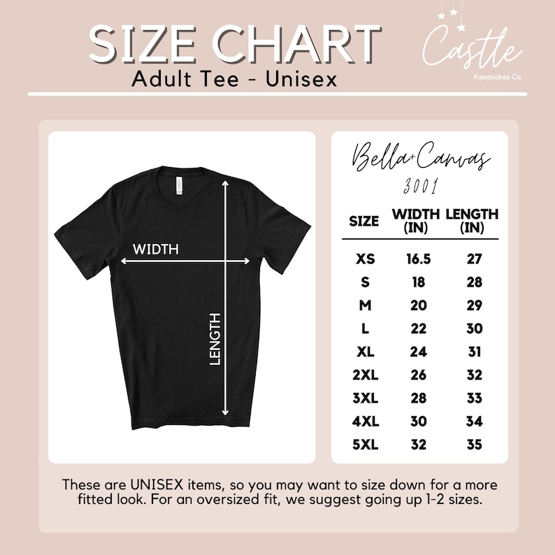 May include: Size chart for unisex adult t-shirts, showing width and length measurements in inches for sizes XS to 5XL. The chart is from Bella Canvas, a brand of apparel.