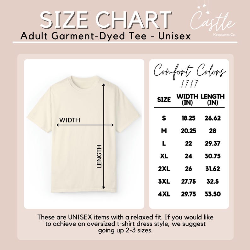 Pu&ograve; includere: T-shirt unisex color crema con tabella taglie. La tabella mostra le misure di larghezza e lunghezza in pollici per le taglie dalla S alla 4XL. Il testo recita "Adult Garment-Dyed Tee - Unisex" e "Comfort Colors 1717".
