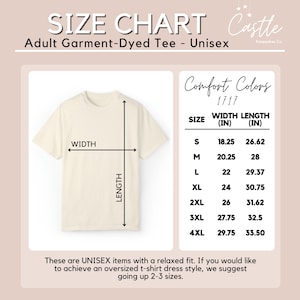 Puede incluir: Tabla de tallas para una camiseta unisex te&ntilde;ida en prenda. La tabla muestra el ancho y la longitud en pulgadas para las tallas S a 4XL. La tabla est&aacute; etiquetada como "Comfort Colors 1717".