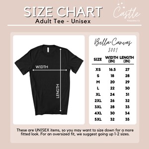 K&ouml;nnte beinhalten: Gr&ouml;&szlig;entabelle f&uuml;r Unisex-T-Shirts f&uuml;r Erwachsene, die die Breite und L&auml;nge in Zoll f&uuml;r die Gr&ouml;&szlig;en XS bis 5XL angibt. Die Tabelle stammt von Bella Canvas, einer Bekleidungsmarke.