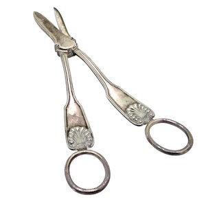 May include: A pair of silver-toned metal grape shears featuring two circular finger loops and handles decorated with a raised shell-like fan motif. The blades are pointed and meet at a central pivot point, showing a metallic finish throughout.