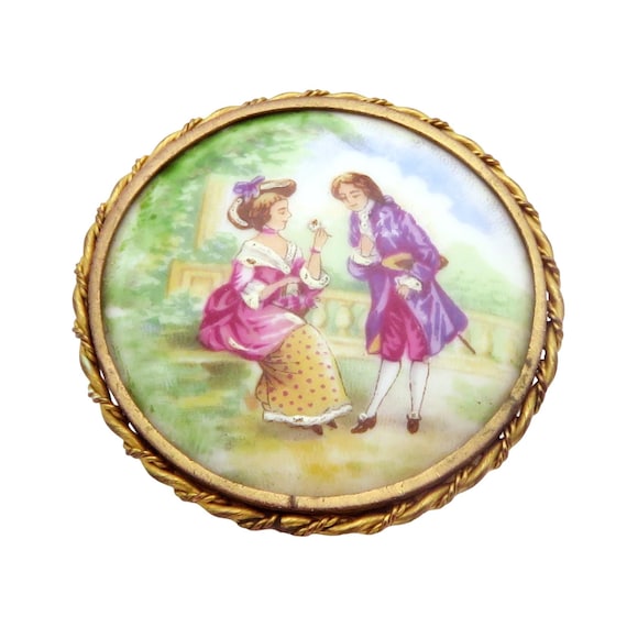 Vintage Limoges France Victorian Courting Scene Hand-Painted Porcelain Cameo Brooch