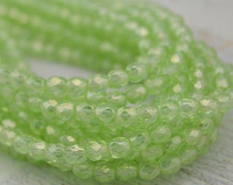 LUSTER PERIDOT GREEN 4mm Faceted Round Czech Glass Beads /Fire Polished Qty 50 /Transparent Firepolished Small Czech Bead