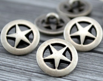 TEXAS STAR Buttons, Antique Silver Button 5/8" Five Pointed Stars 15mm/ Sheriffs Badge Qty 4 to 24 Metal Leather Wrap Clasps Western Cowboy