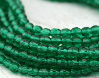 Emerald 4mm Firepolished Round Czech Glass Beads / Czech Glass Beads /Green Faceted Round /Fire Polished 4mm Qty 50