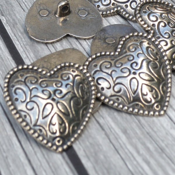 Swirl Heart Buttons Antique Silver 1 1/8” 28mm Qty 4 Large Heart Metal Button, Sweater or Clothing Leather Wrap Clasps or Jewelry Clasp