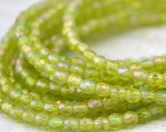 LUSTER IRIS OLIVINE 3mm Faceted Round Czech Glass Beads Qty 50 Transparent Green /Firepolished Small